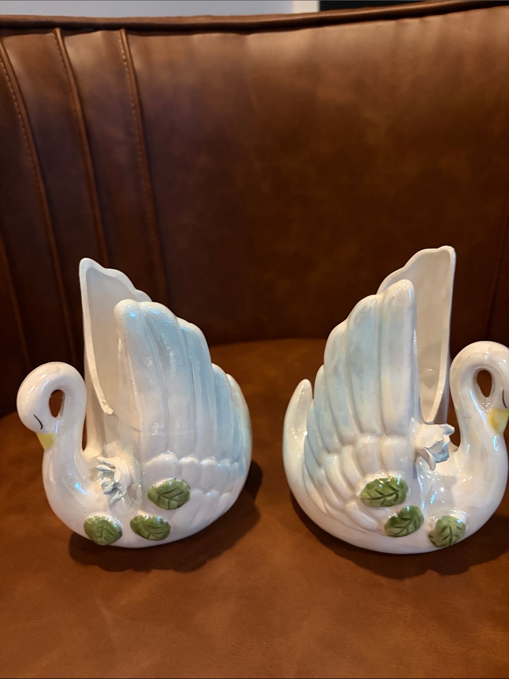 Vtg swan planters set of 2  iridescent vessel vase nick knack cottage core